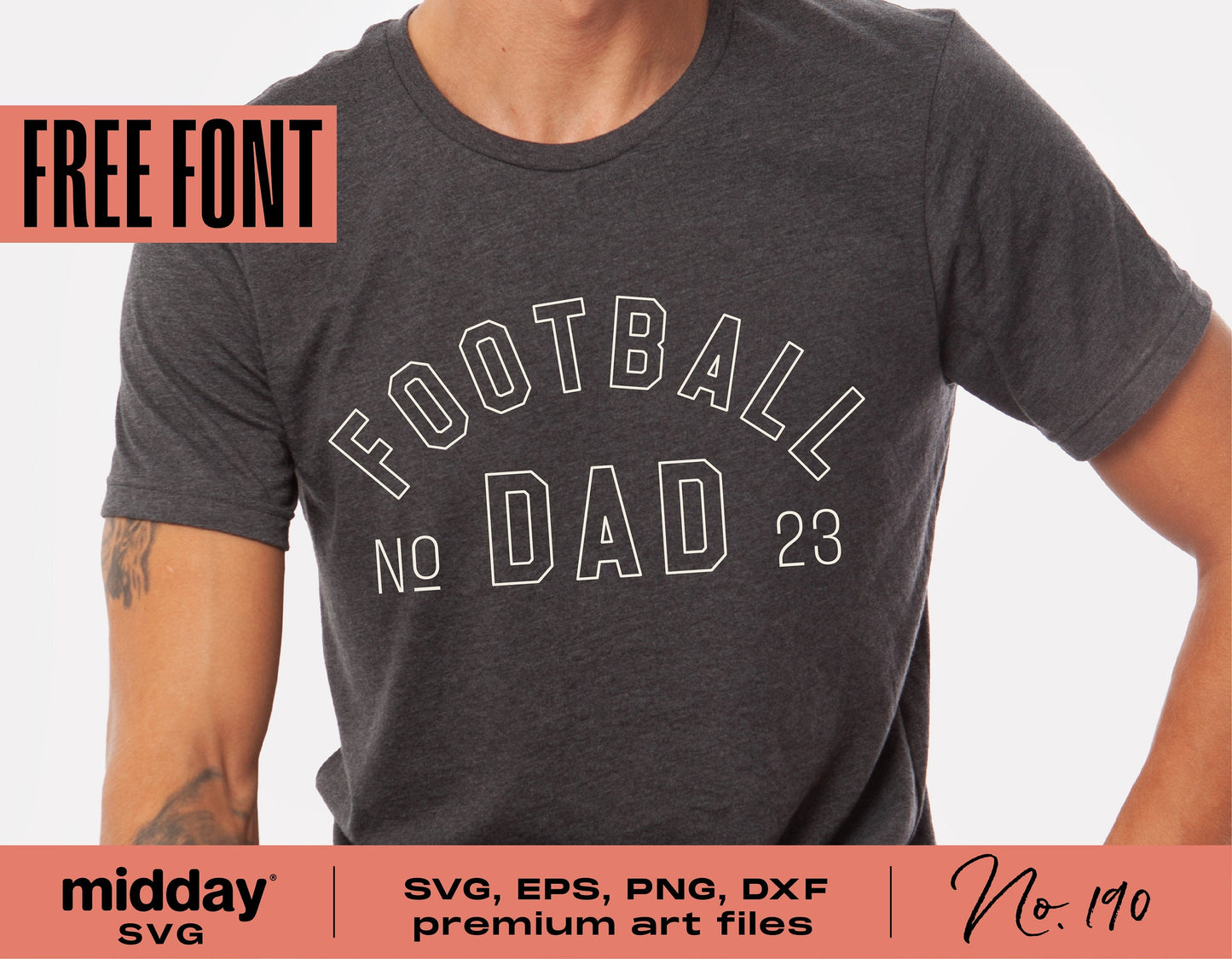 Football Dad design on dark shirt featuring SVG, EPS, PNG, DXF files for Cricut and Silhouette, digital download for crafts.