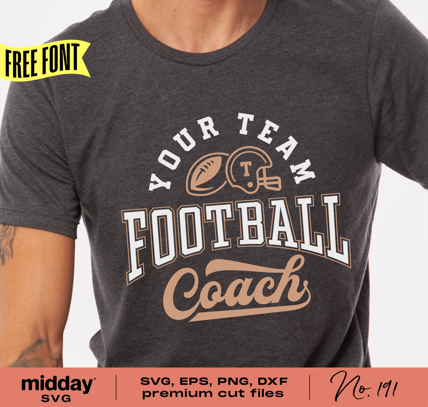 Football Coach shirt with "Your Team Football Coach" design, available in SVG, EPS, PNG, DXF formats for Cricut and Silhouette.
