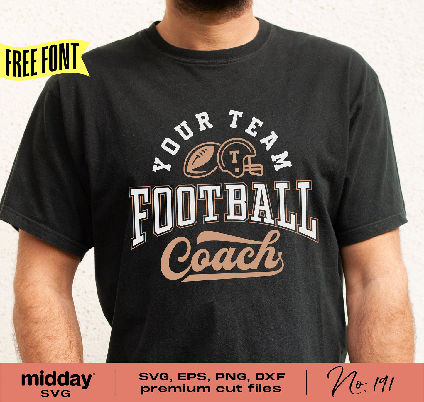 Black t-shirt with 'Your Team Football Coach' design, ideal for Cricut and Silhouette projects in SVG, EPS, PNG, and DXF formats.