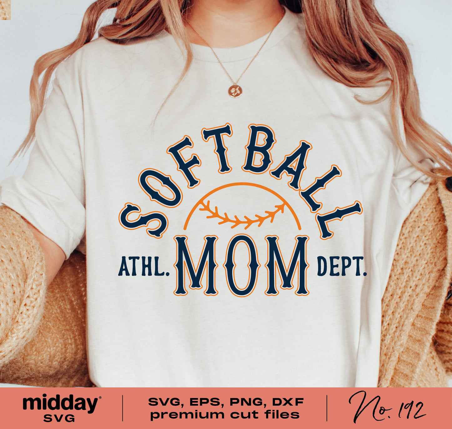 Softball Mom t-shirt featuring an athletic department design with SVG, EPS, PNG, and DXF cut files for crafting and sublimation.
