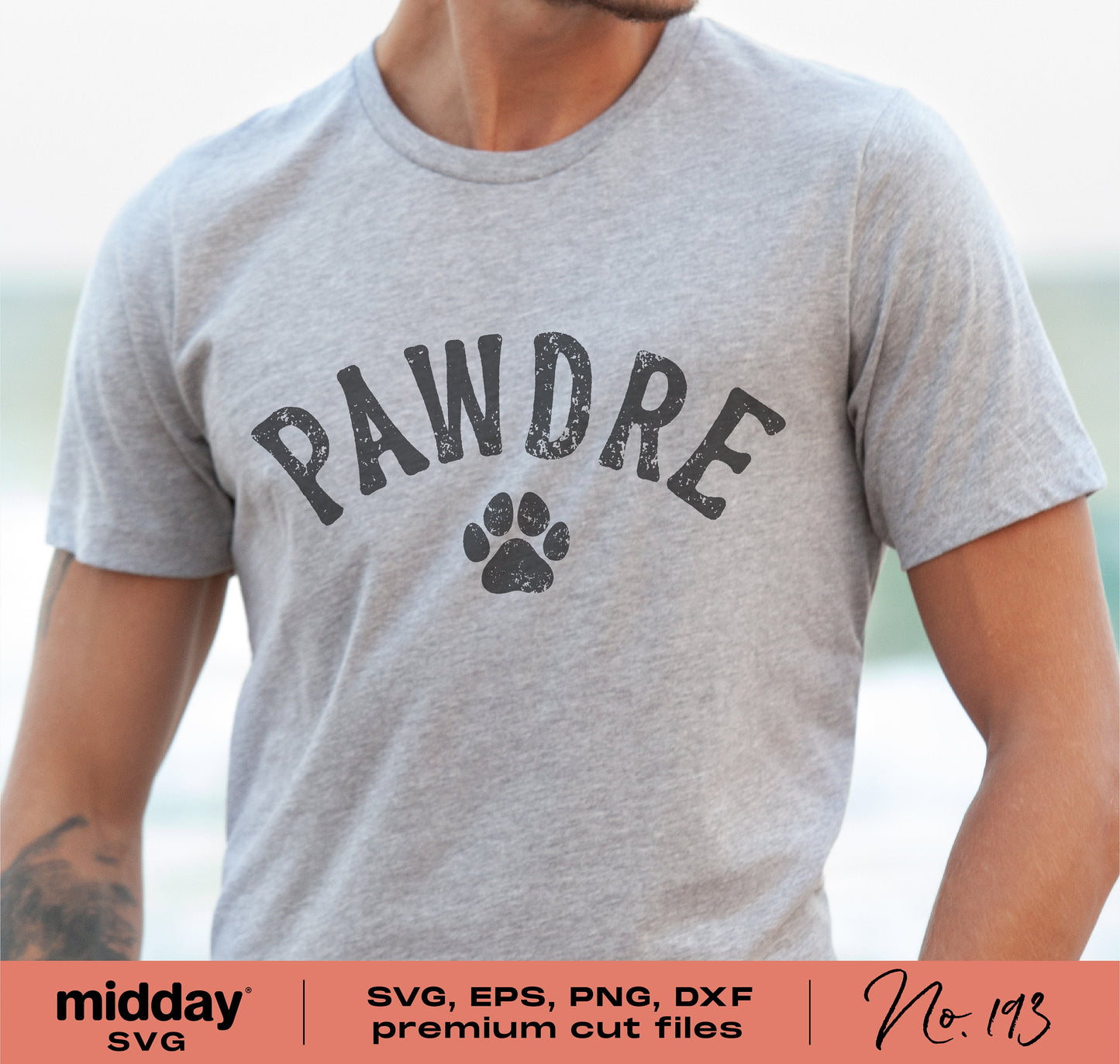 Gray t-shirt with 'Pawdre' and paw print design, perfect for dog dads, SVG, PNG, DXF, EPS cut files for Cricut and Silhouette.