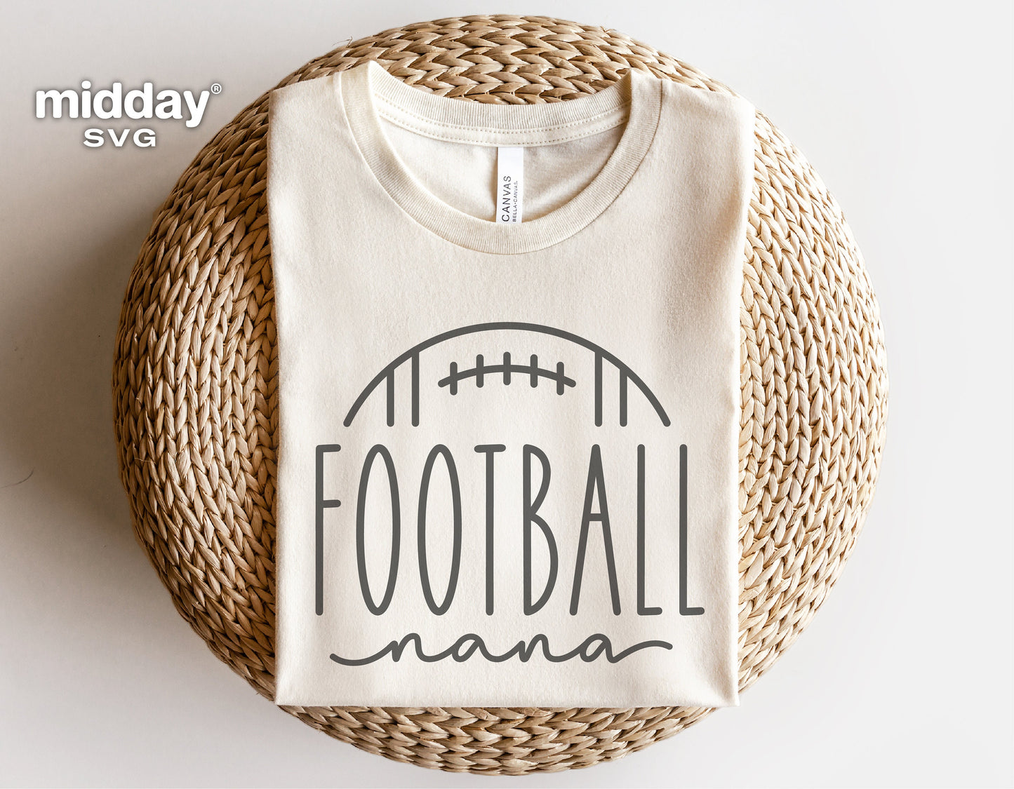 White t-shirt with 'Football Nana' design ideal for Cricut and Silhouette projects, showcasing a football-themed graphic for family wear.