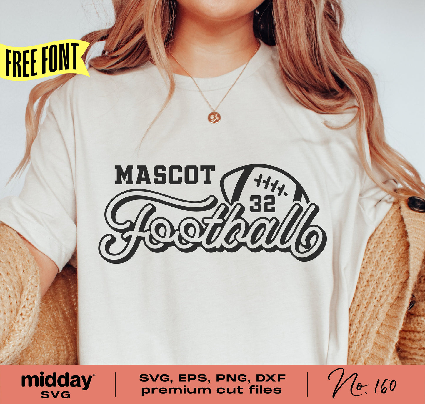 Person wearing a football-themed shirt with "Mascot 32 Football" design, highlighting SVG, EPS, PNG, DXF format availability for Cricut.