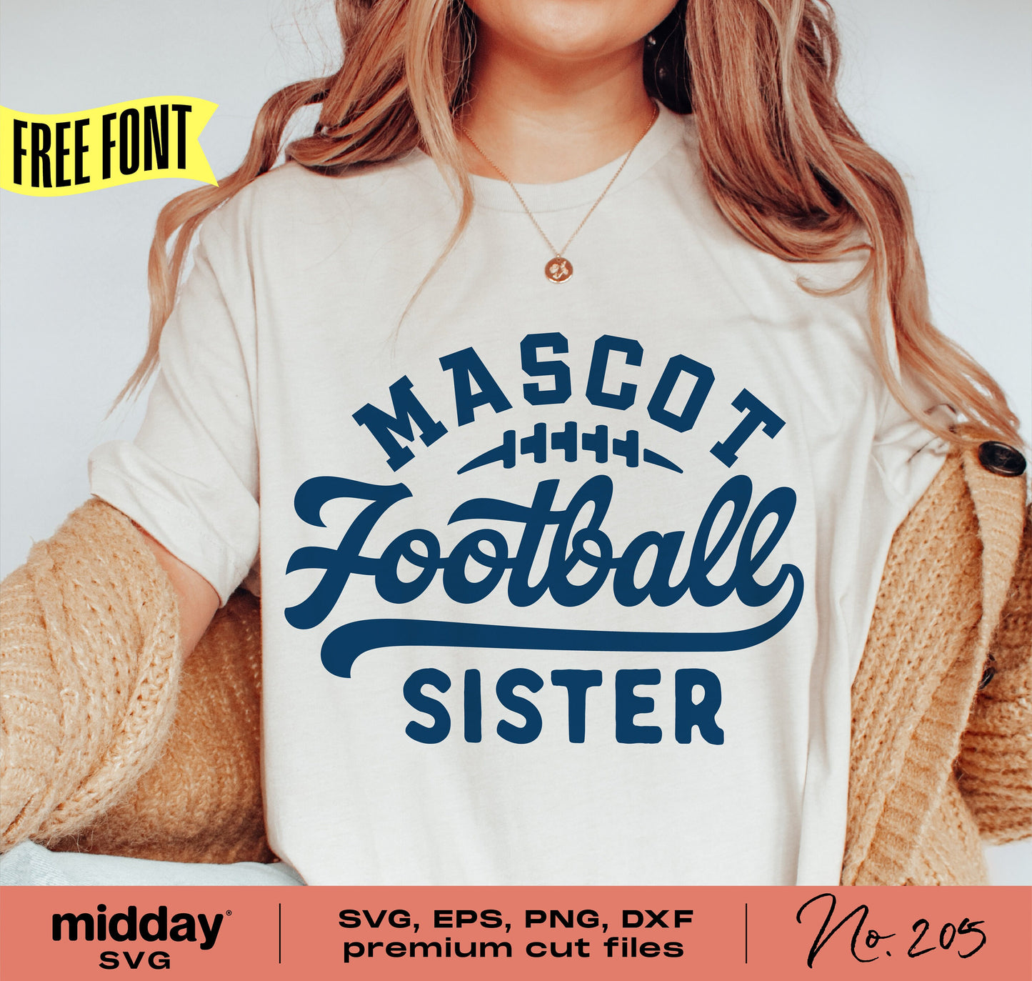 Woman wearing a Football Sister shirt featuring mascot football design, ideal for Cricut and Silhouette projects with SVG, EPS, PNG, DXF files.