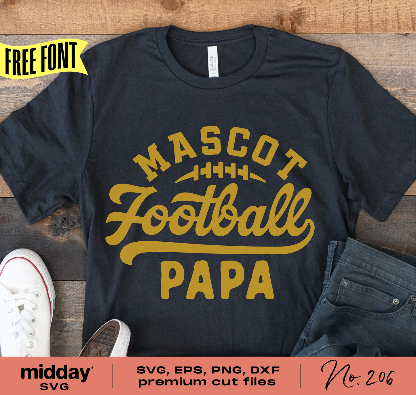 Black 'Mascot Football Papa' t-shirt with yellow text, football graphic, SVG and cut file design for Cricut and Silhouette projects.