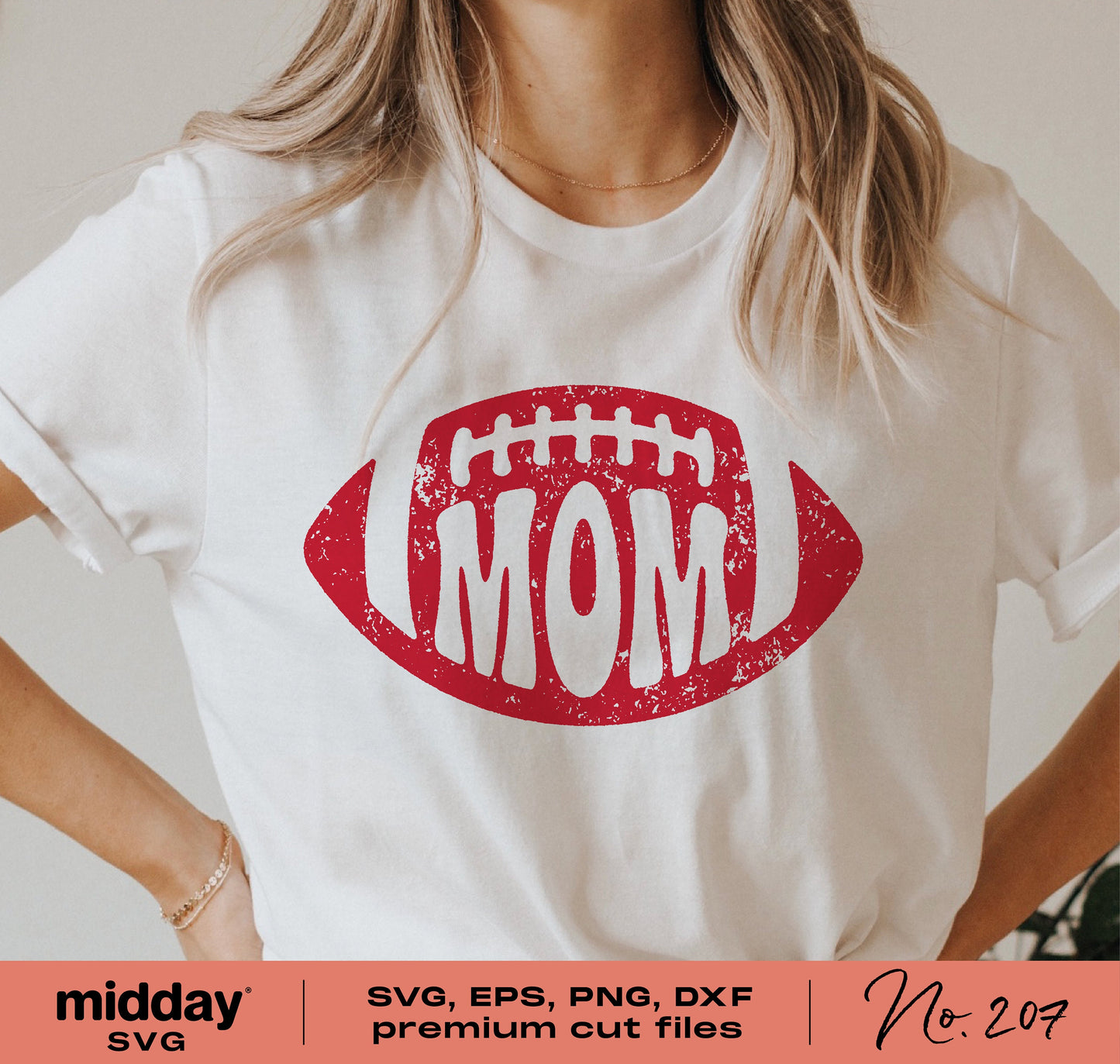 Woman wearing a t-shirt with "Football Mom" graphic, available as SVG, PNG, DXF, and EPS for Cricut and Silhouette projects.