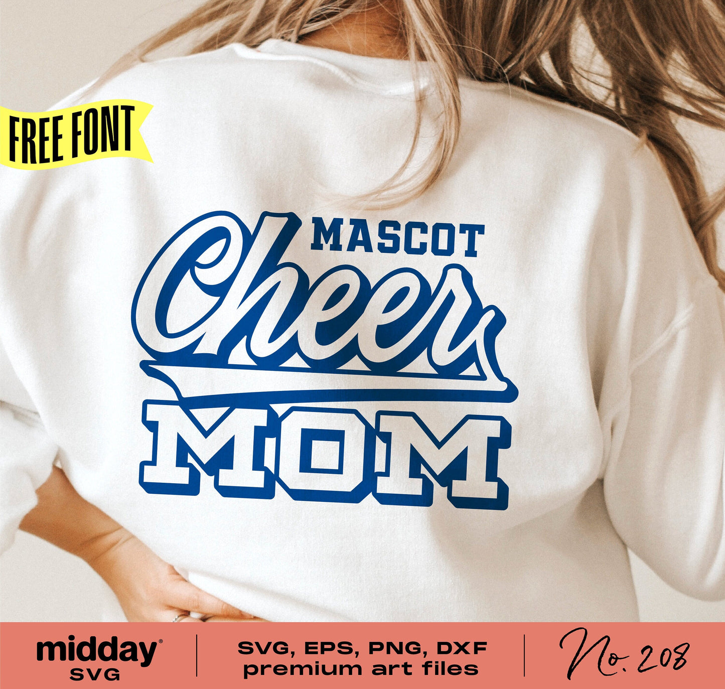 Cheer Mom shirt with "Mascot Cheer Mom" design in blue, available in SVG, PNG, DXF formats for Cricut and Silhouette use.