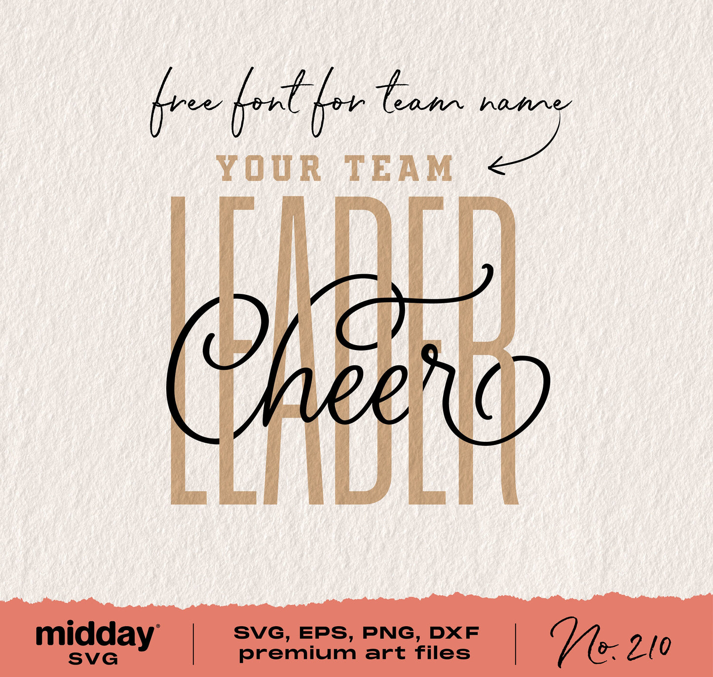 Cheerleader team template in woven script with "Your Team Cheer Leader" text, includes SVG, EPS, PNG, DXF files, Cricut and Silhouette compatible.