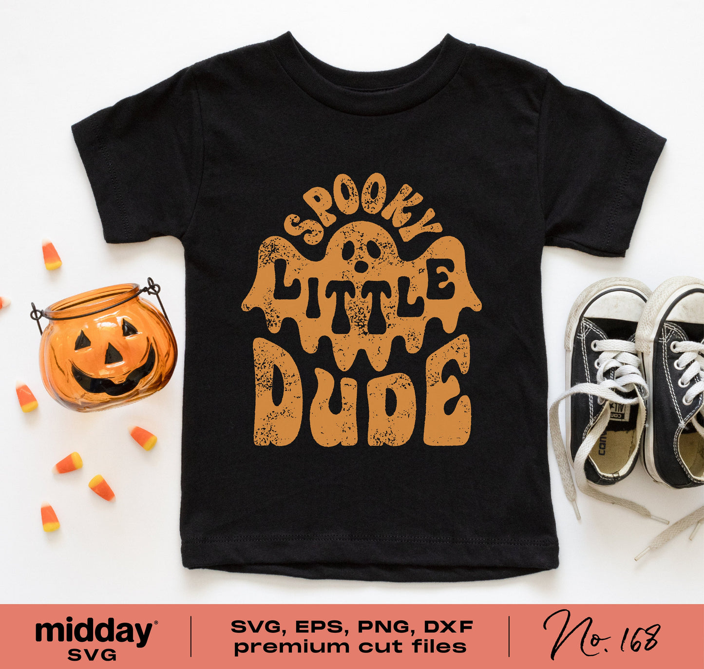 "Spooky Little Dude" kids Halloween shirt with ghost design for Cricut and Silhouette, includes SVG, EPS, PNG, DXF files.