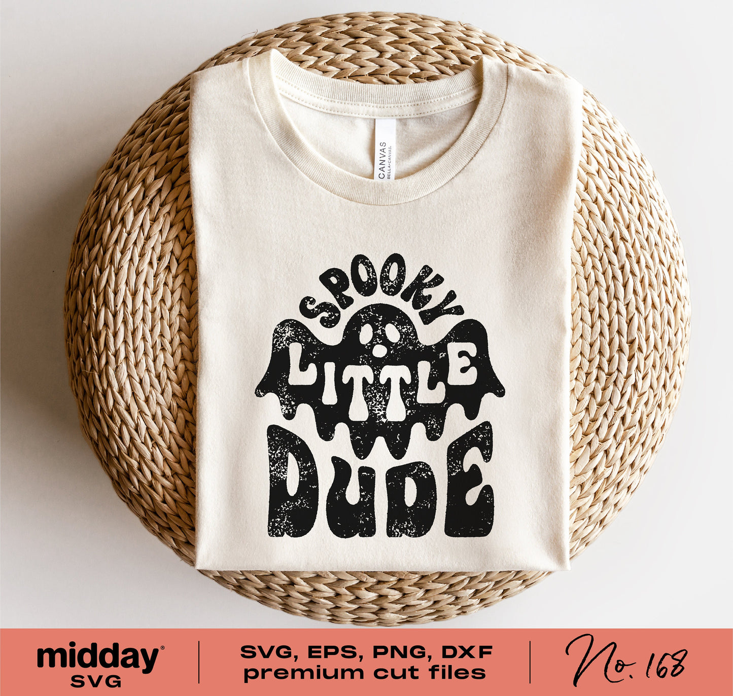 Kids Halloween shirt with 'Spooky Little Dude' text, featuring a cute ghost design. Available as SVG cut file for Cricut and Silhouette.