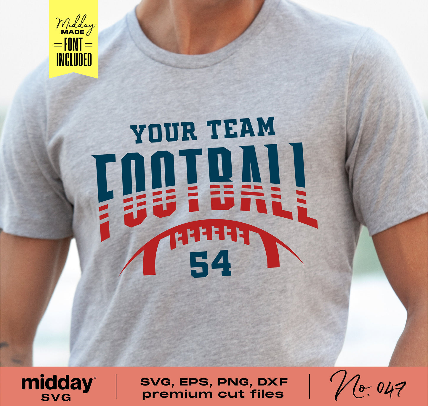 Football team template t-shirt with customizable SVG design, featuring text 'Your Team Football' and number 54 in red and blue.