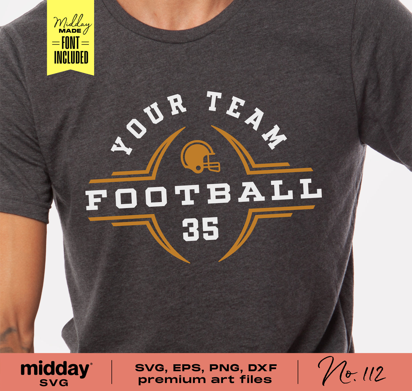 Football Team Template Bundle on shirt, featuring 'Your Team Football 35' design, includes SVG, PNG, DXF, EPS files for Cricut and Silhouette.