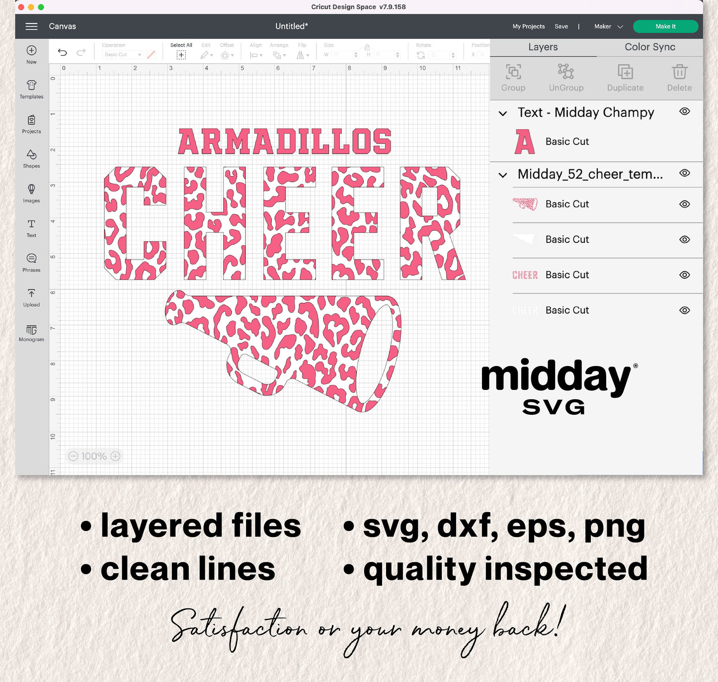 Cheerleader SVG template with leopard print megaphone, Armadillos Cheer design, compatible with Cricut and Silhouette, layered files.