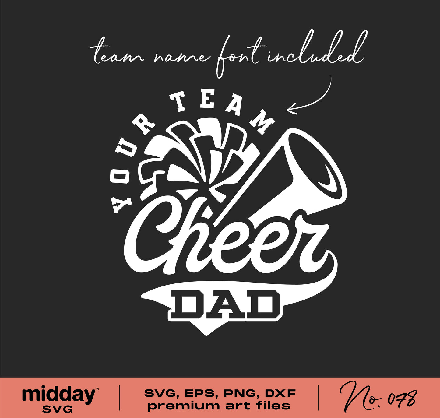 Cheer Dad SVG design with megaphone and pom-pom for Cricut, Silhouette, team customization included, format: SVG, EPS, PNG, DXF.