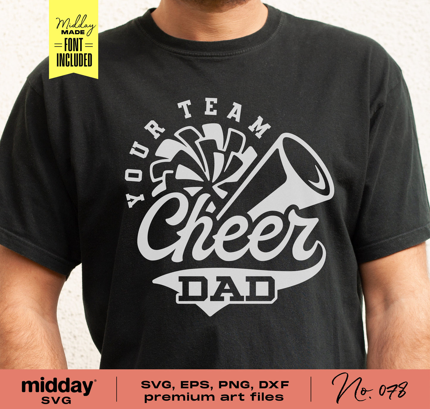 Cheer Dad SVG design with megaphone and pom-pom graphic on a black t-shirt, ideal for Cricut and Silhouette crafting.