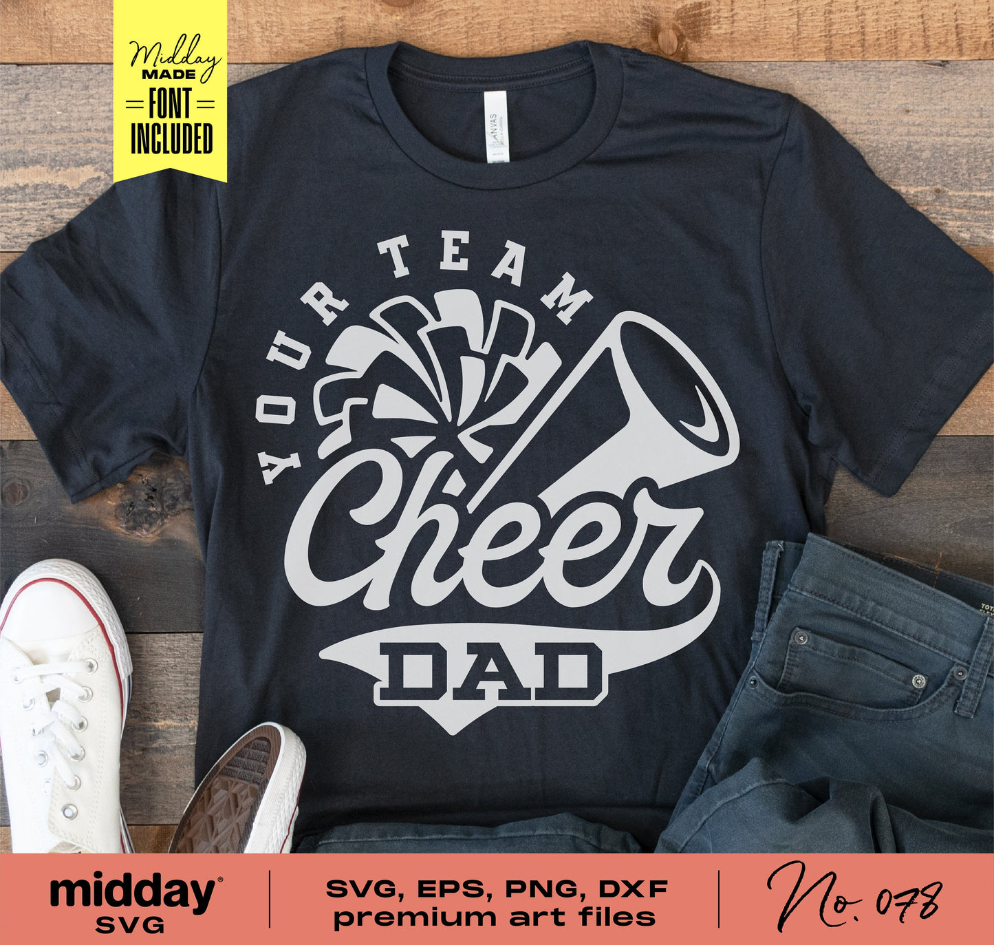 "Cheer Dad" t-shirt with megaphone and pom-pom graphics, available in SVG, EPS, PNG, and DXF for Cricut and Silhouette projects.