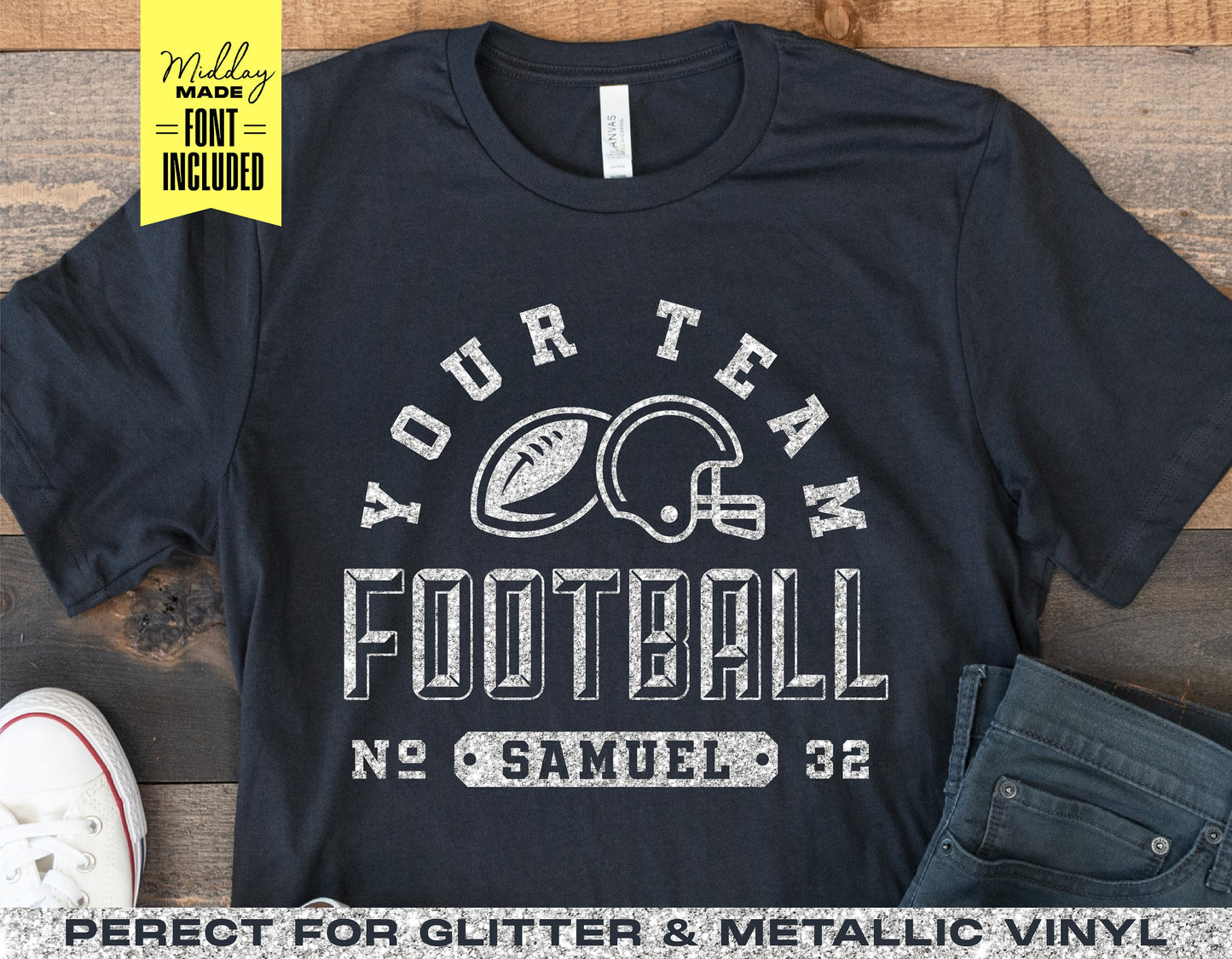DIY football team shirt design with customizable player number and name template, featuring SVG, PNG, DXF, EPS files for Cricut and Sublimation.