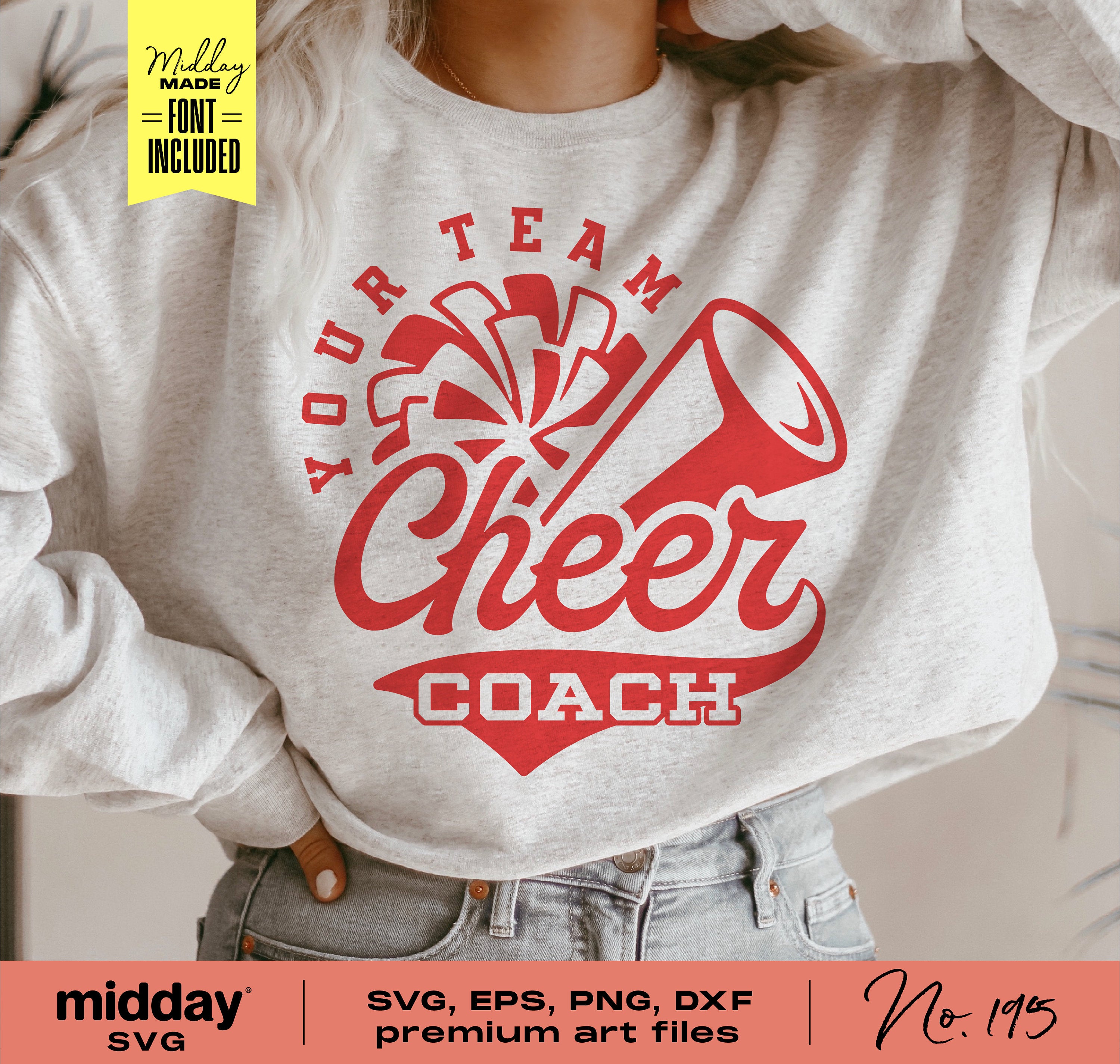 Cheer Coach Shirt Design with Megaphone and Pom Pom, SVG and Cut Files, for DIY Crafting on Gray Sweatshirt