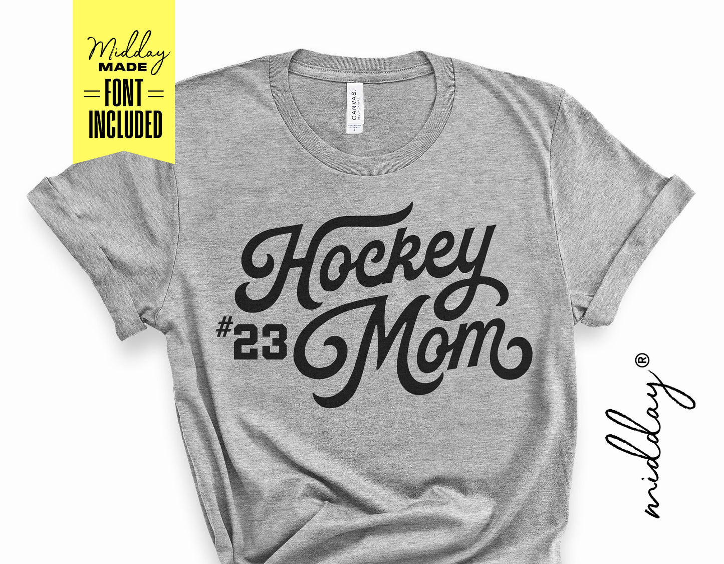 Grey t-shirt displaying 'Hockey Mom' design with customizable 'Font Included' feature, perfect for Cricut and Silhouette projects.