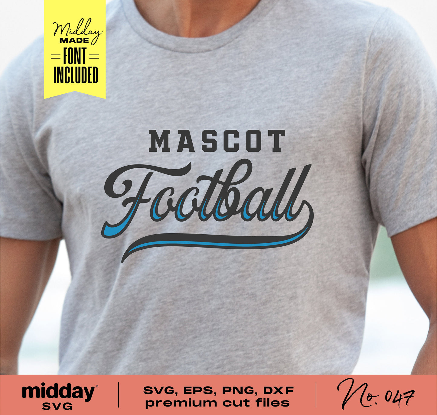Gray t-shirt with 'Mascot Football' design, mid-day SVG, includes font, perfect for DIY football team shirts using Cricut and Silhouette.