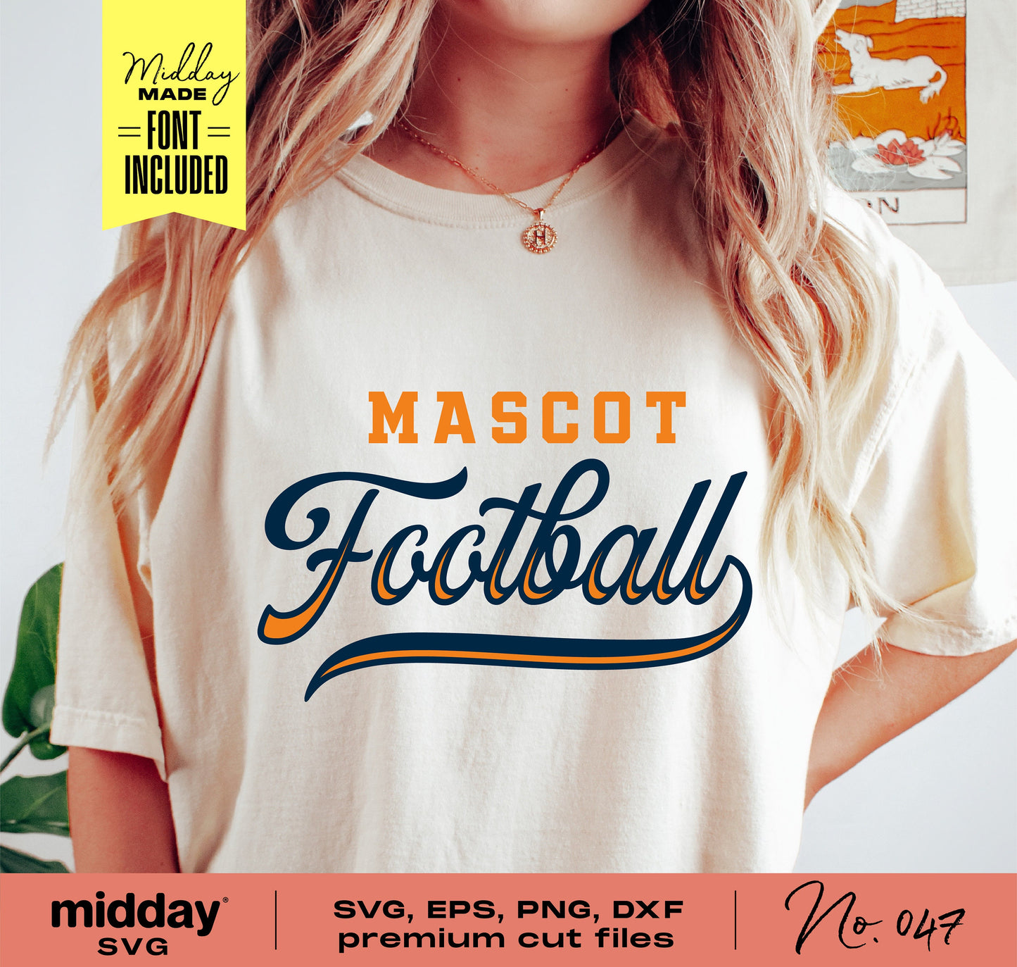 Woman wearing a football team shirt with 'Mascot Football' design, showcasing SVG, EPS, PNG, DXF cut files for Cricut and Silhouette.