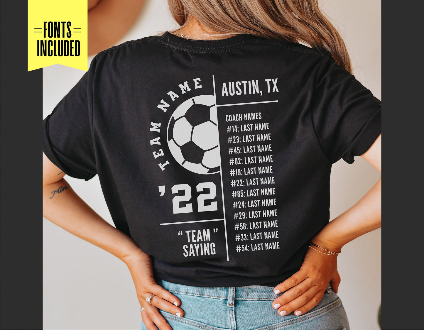 Customizable soccer roster t-shirt with player names and team design for Cricut and Silhouette.