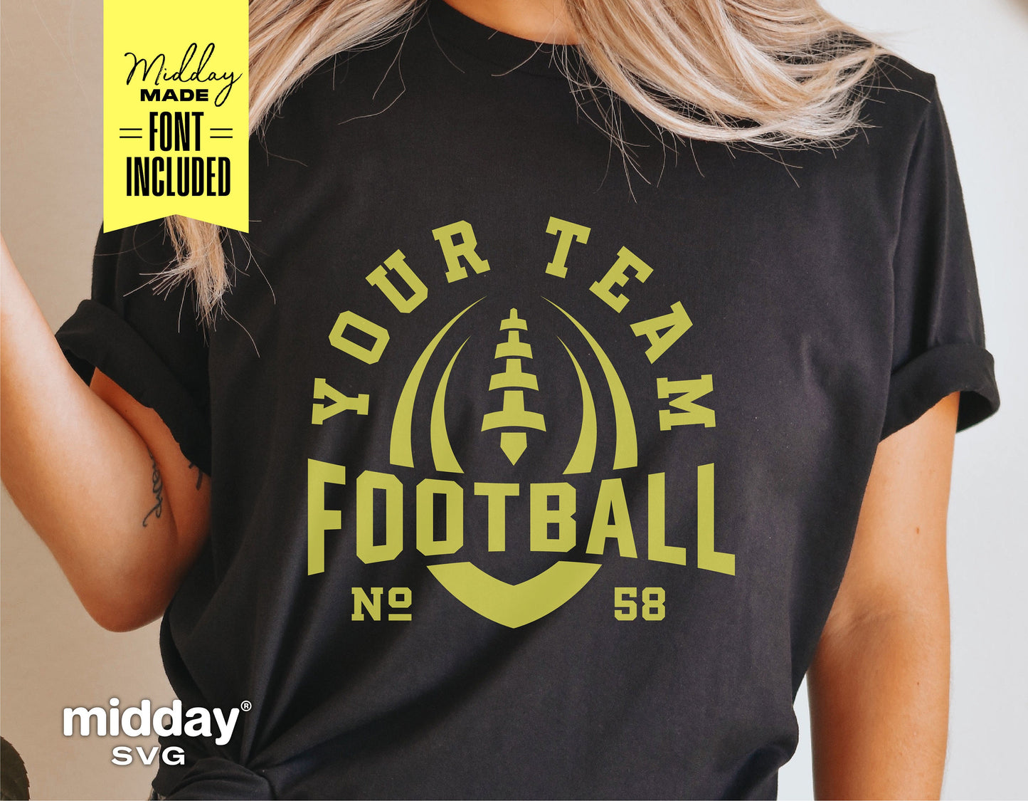 Football team shirt with customizable logo and 'Your Team Football 58' text, includes Midday Made font, ideal for Cricut and Silhouette projects.