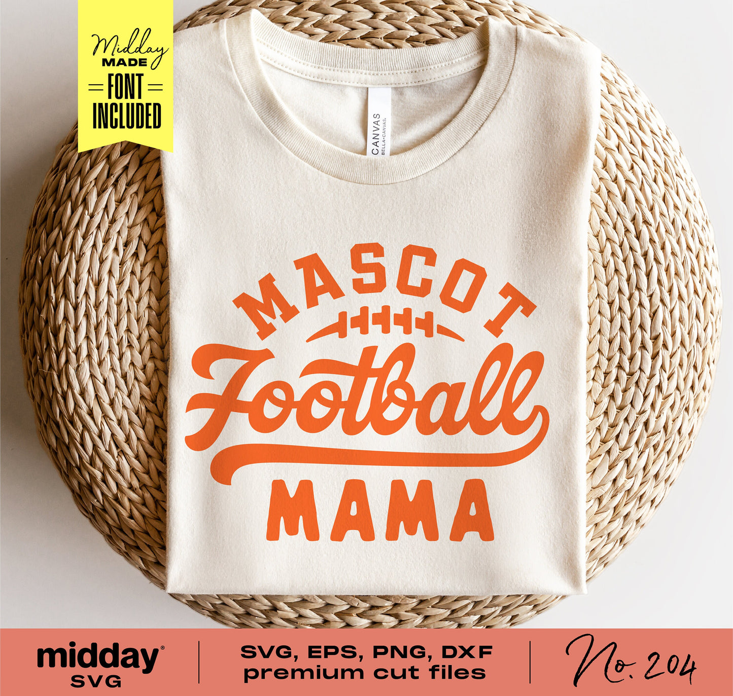 "Mascot Football Mama" t-shirt on woven mat, includes SVG, EPS, PNG, DXF cut files, ideal for Cricut and Silhouette projects.