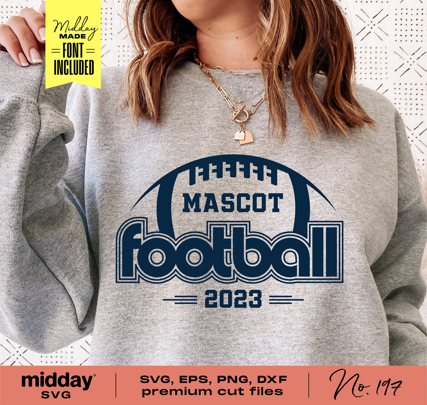 Woman wearing gray sweatshirt with 'Mascot Football 2023' retro design in SVG, EPS, PNG, DXF formats, ideal for Cricut and Silhouette crafting.