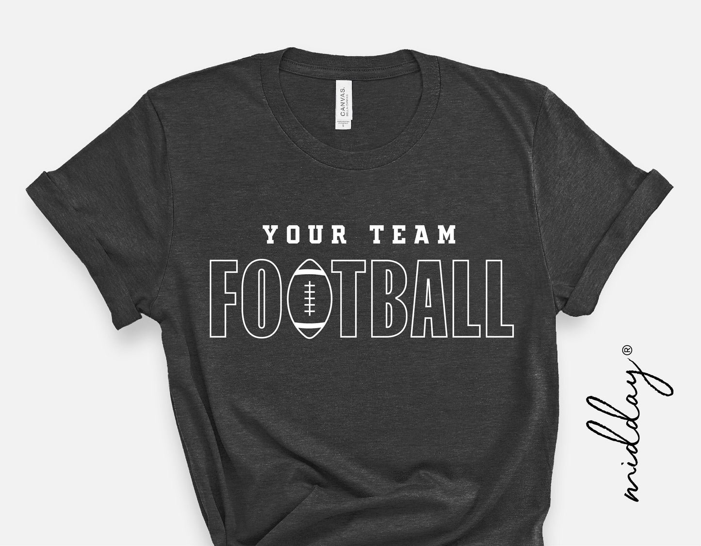 Custom 'Your Team Football' text on a dark gray t-shirt, perfect for football fans and team spirit shows.