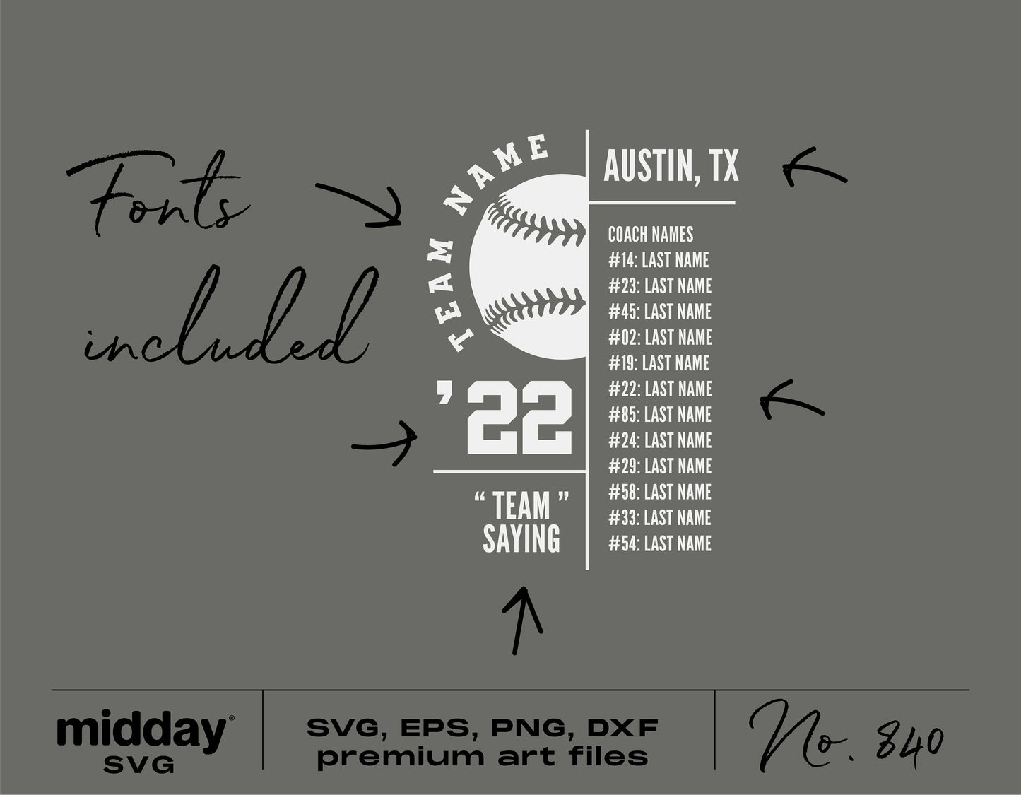 Softball team banner SVG template with fonts included, showing customizable roster design for Cricut and Silhouette projects.