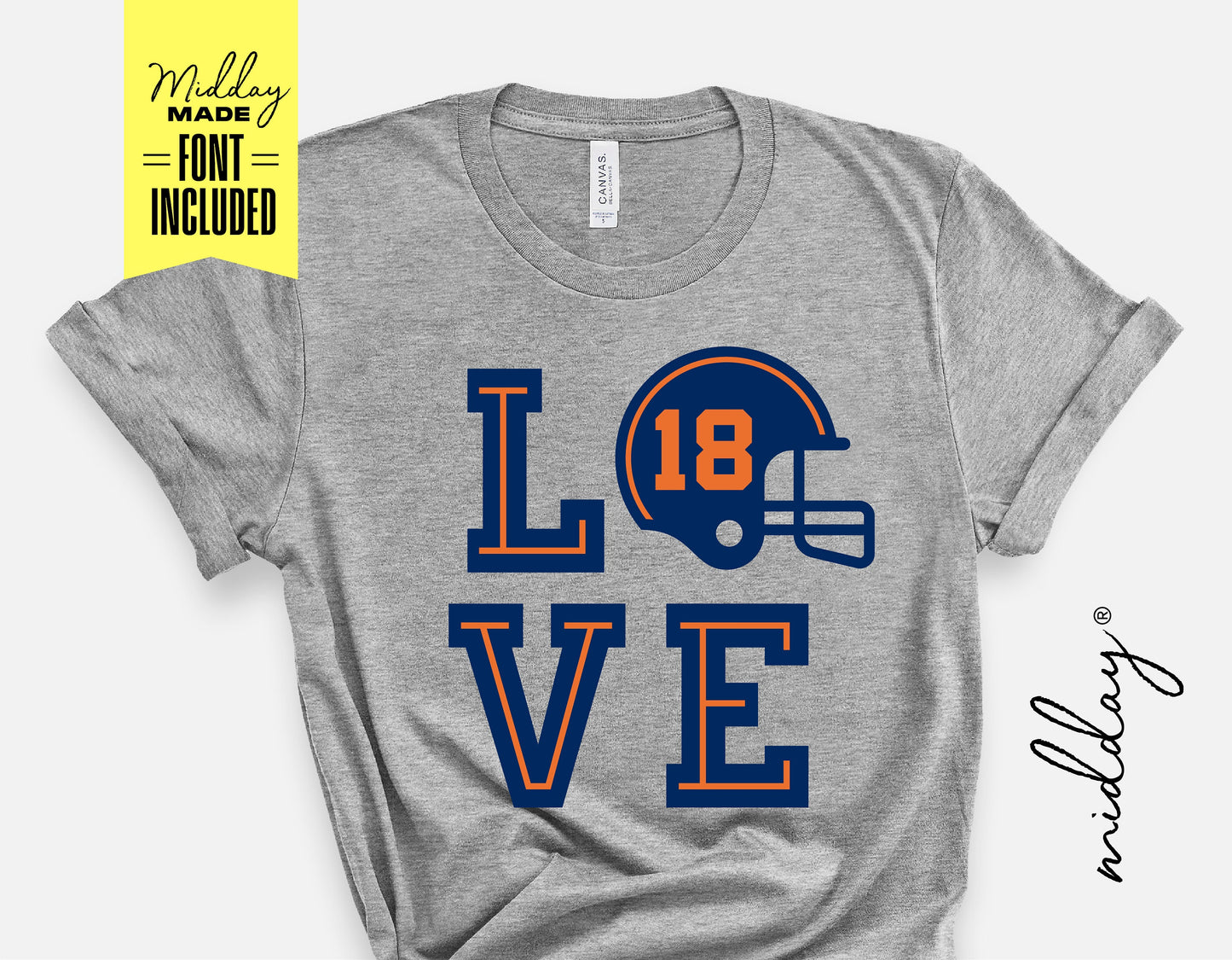 Gray t-shirt with "LOVE" design featuring a football helmet for Cricut and Silhouette, includes font, perfect for football fans.