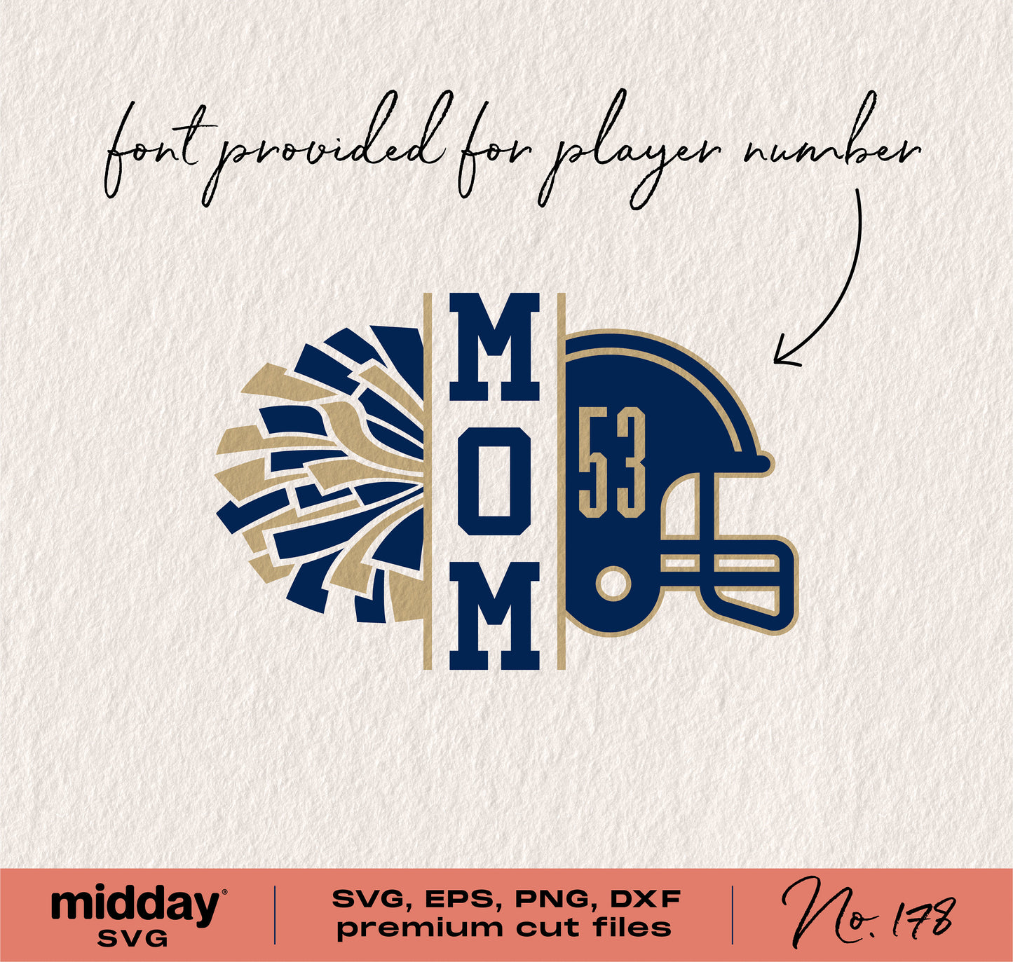 Football and cheer mom SVG with helmet and pom-poms, DIY cut file for Cricut. Font for customization included.