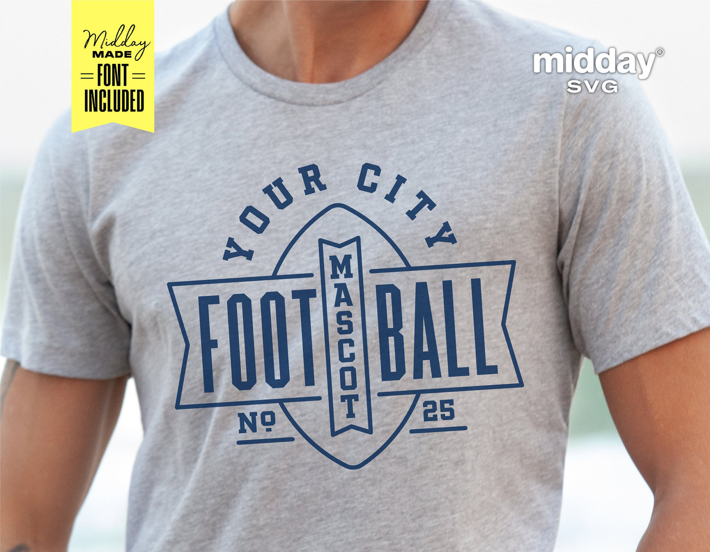Gray t-shirt featuring custom football team logo design, perfect for game day and sports fans, Cricut and Silhouette compatible.