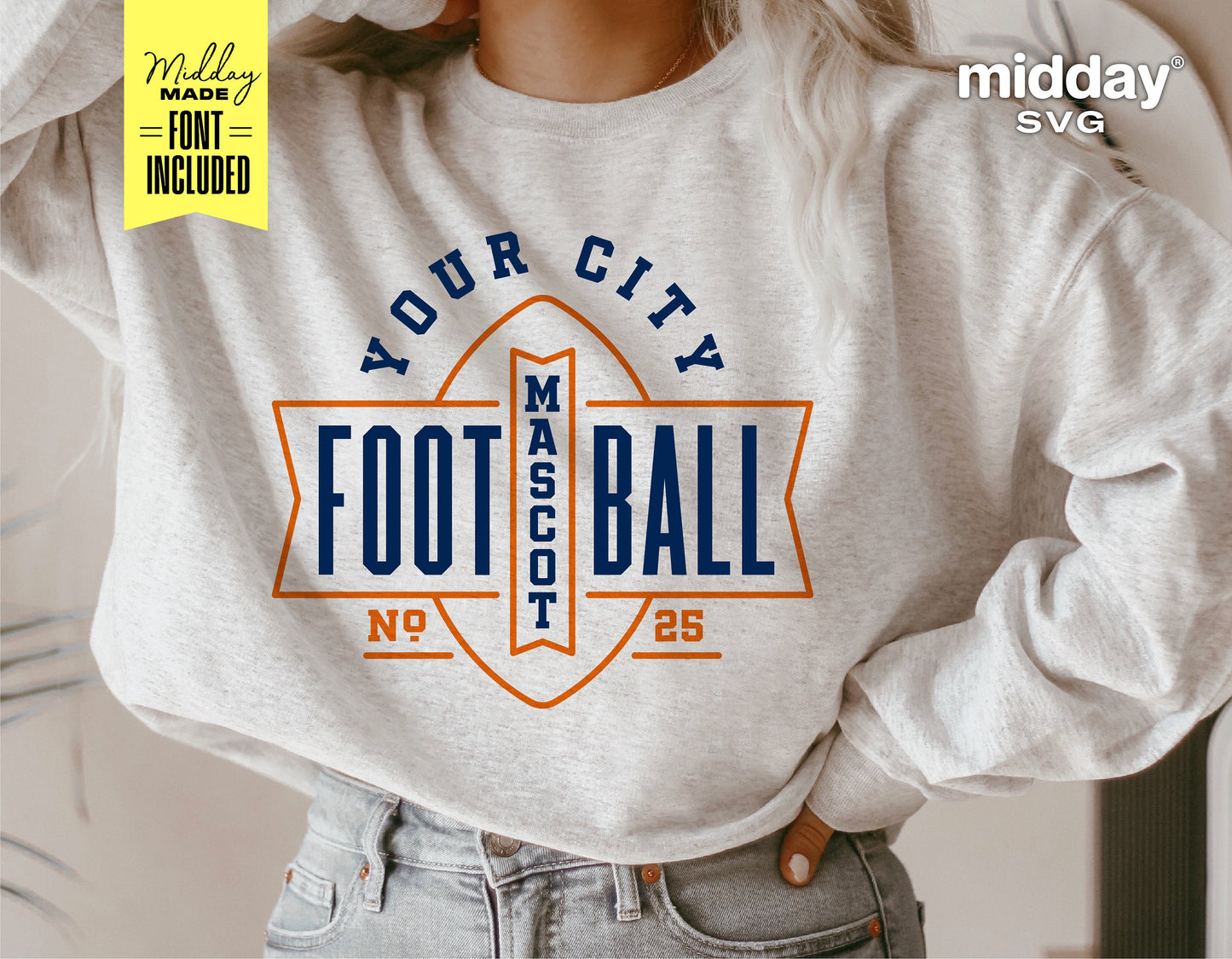Woman wearing sweatshirt featuring customizable football team logo design with text 'Your City Football Mascot' in blue and orange.
