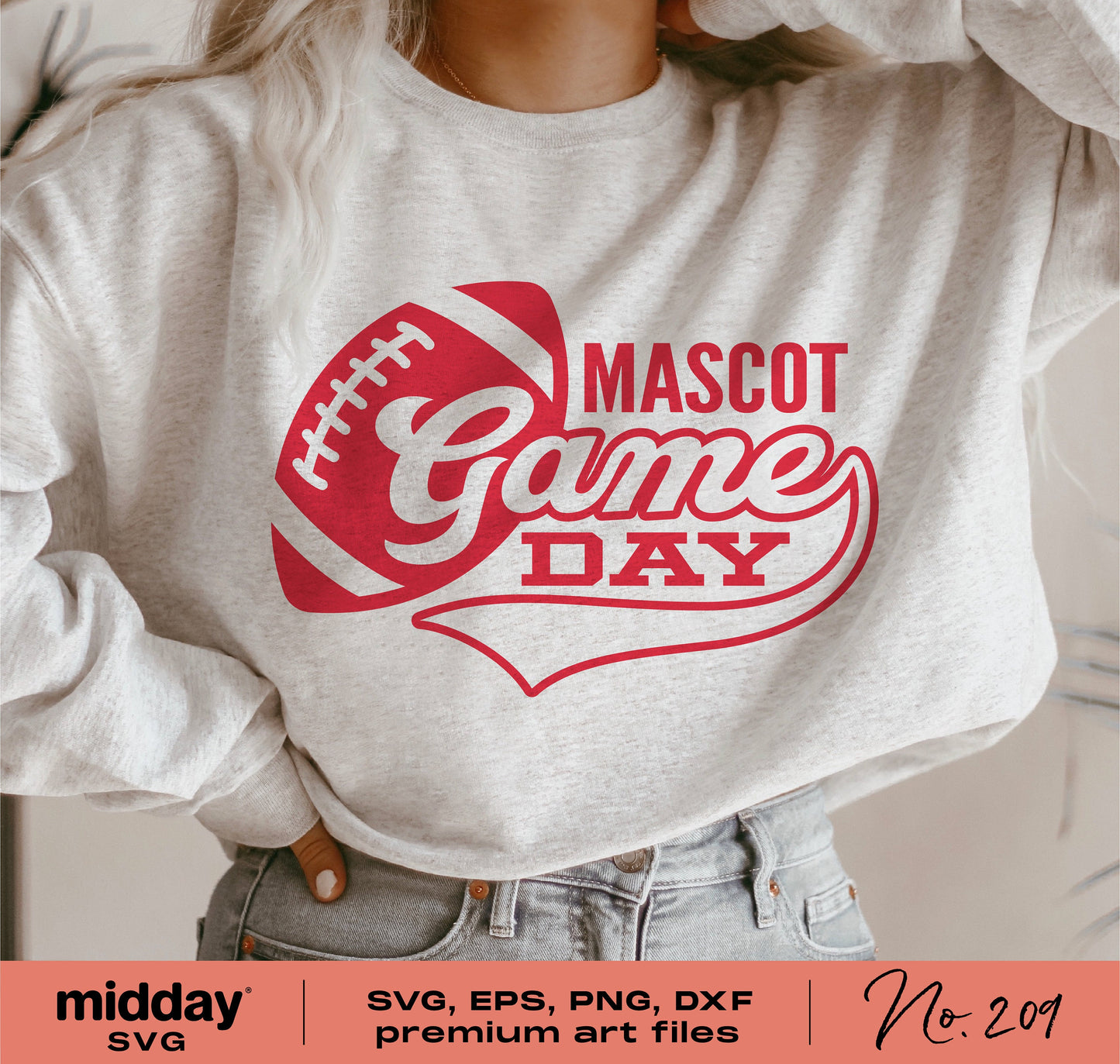 Person wearing a gray sweatshirt with red text 'Mascot Game Day' and football graphic. Includes SVG, EPS, PNG, DXF art files.