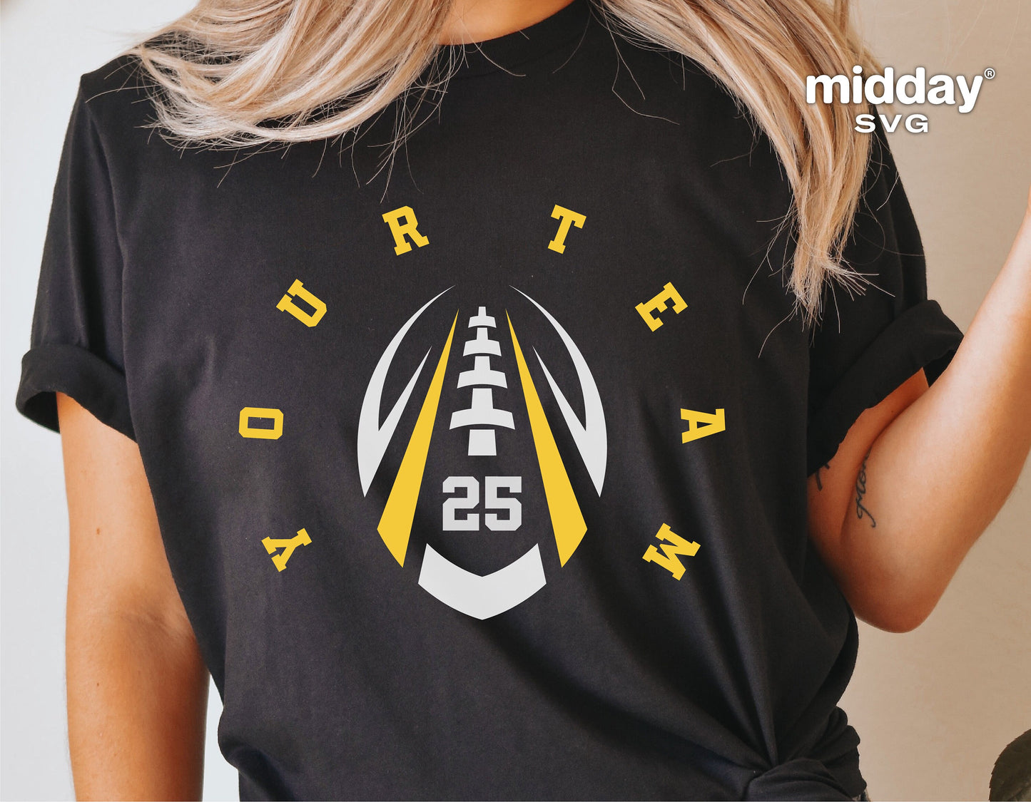 Black t-shirt featuring a custom football team design with yellow accents and the number 25, perfect for Cricut and Silhouette projects.