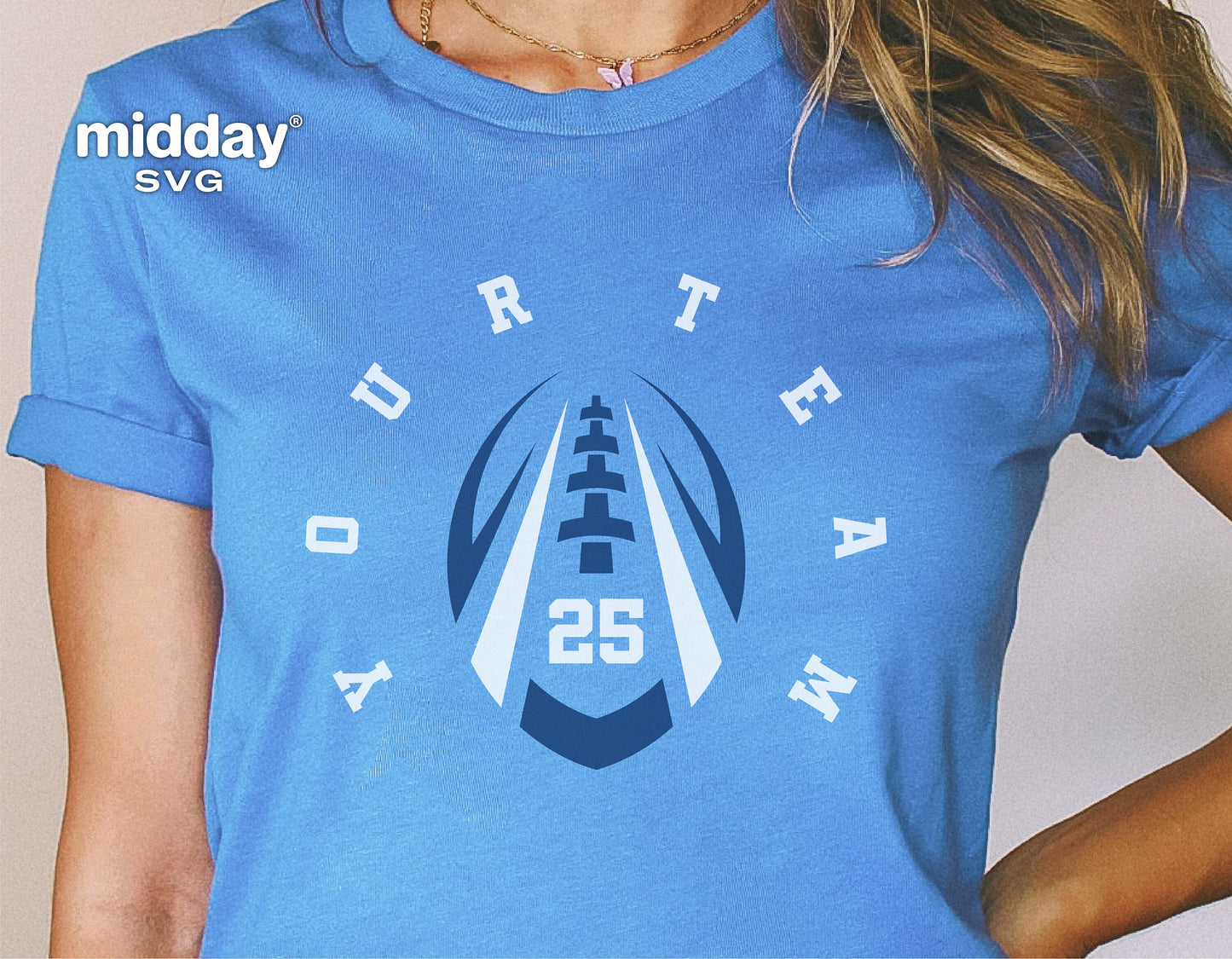 Blue t-shirt with custom football team design, featuring your team's name around a football graphic, perfect for Cricut and Glowforge projects.