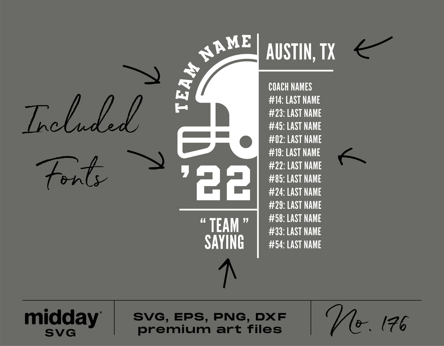 Football team roster template with names and numbers, featuring included fonts and SVG, EPS, PNG, DXF formats for Cricut and Silhouette.