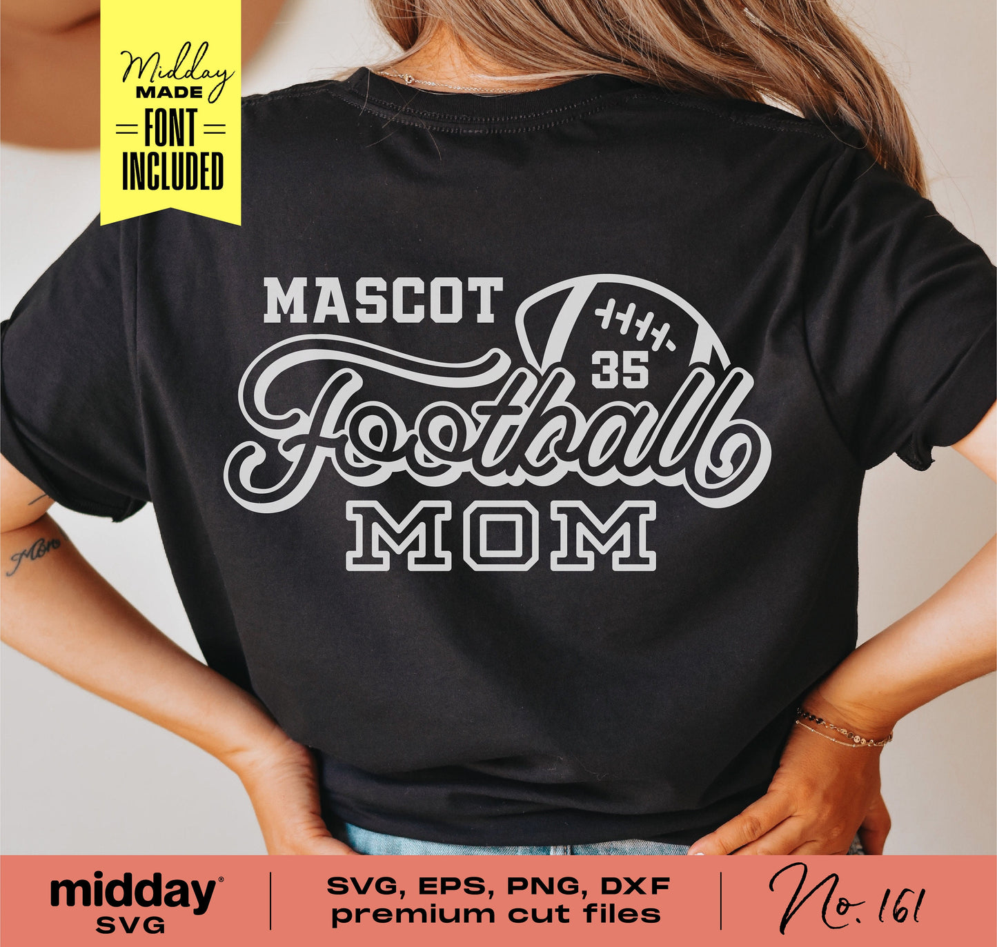 Back view of woman wearing black Football Mom shirt with mascot design, featuring SVG, EPS, PNG, DXF formats for Cricut and Silhouette.