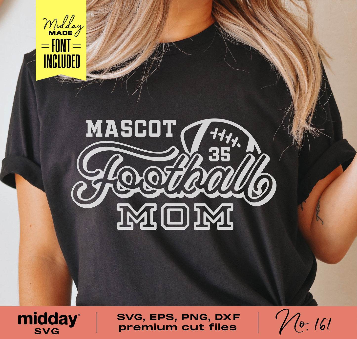 Woman wearing a 'Mascot 35 Football Mom' shirt, showcasing football-themed SVG design for Cricut and Silhouette cutting machines.