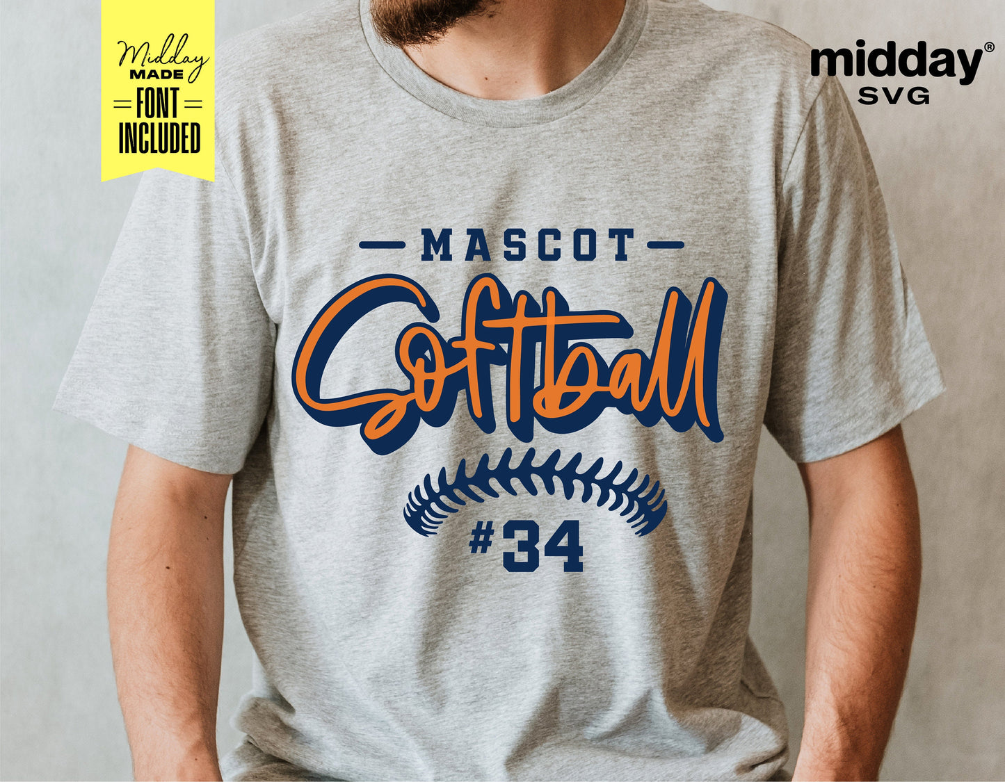 Gray t-shirt featuring a "Mascot Softball #34" design, ideal Cricut cut file for team shirts, including font installation.