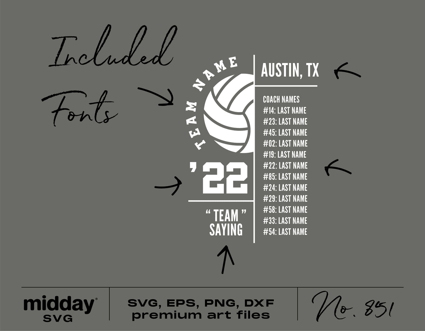 Volleyball team logo SVG template with editable text, including coach and player names, ideal for Cricut and Silhouette projects.