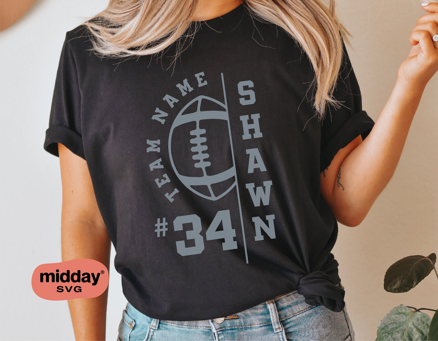 Woman wearing black T-shirt with custom football team design featuring name 'Shawn' and number '34', promoting SVG files for Cricut.