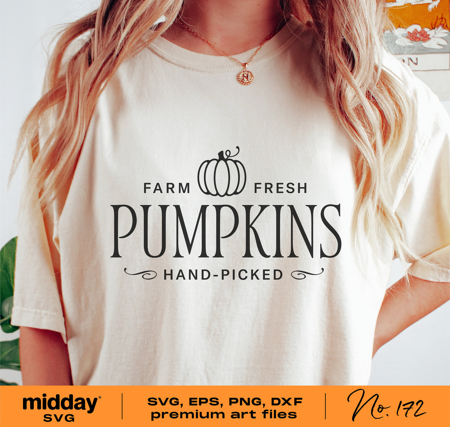 Woman wearing a cream t-shirt with 'Farm Fresh Pumpkins Hand-Picked' print, featuring a pumpkin icon. Perfect for fall and autumn outfits.