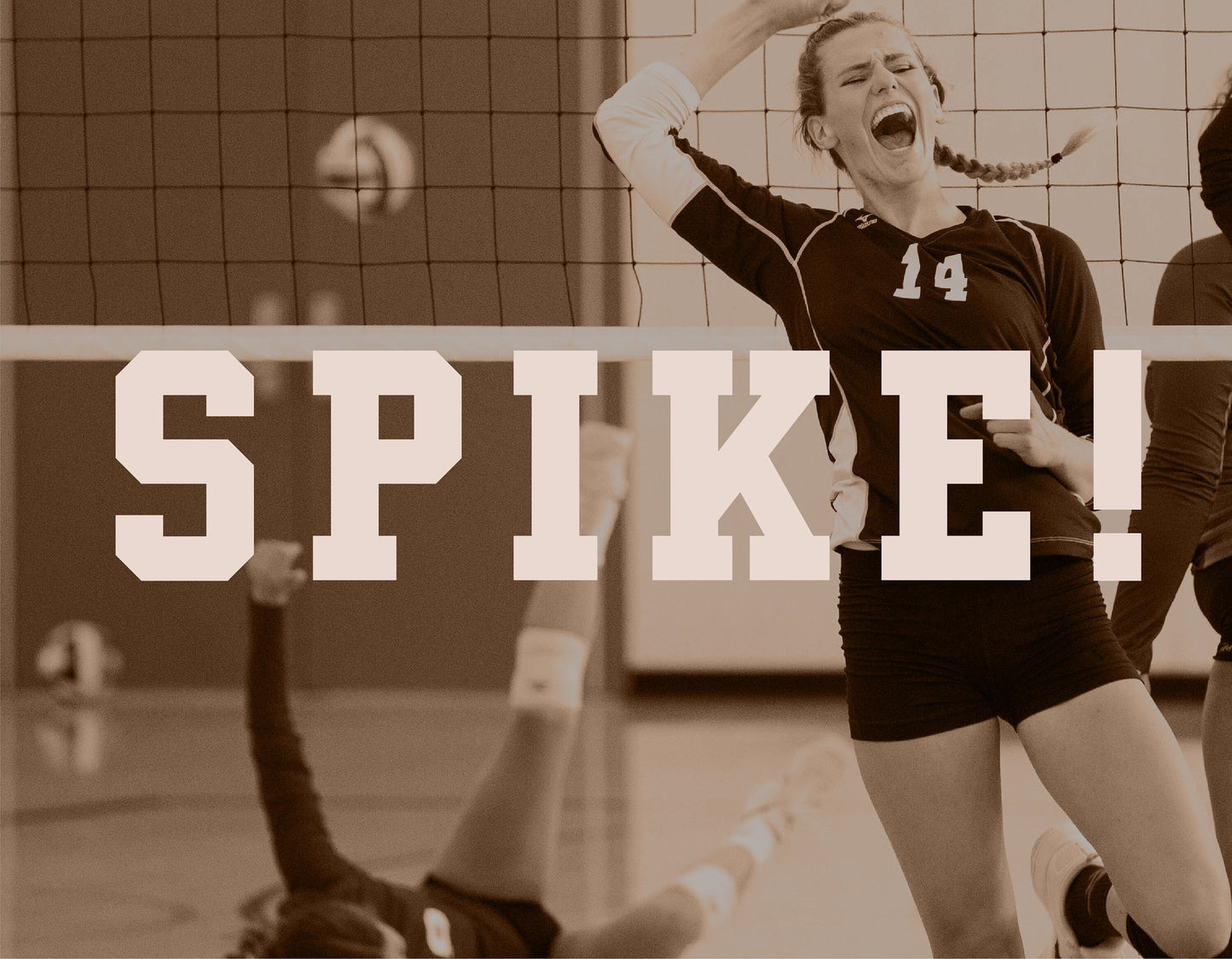 Volleyball player celebrating with 'SPIKE!' text in Rivalry Slab font, showcasing excitement and sports atmosphere.