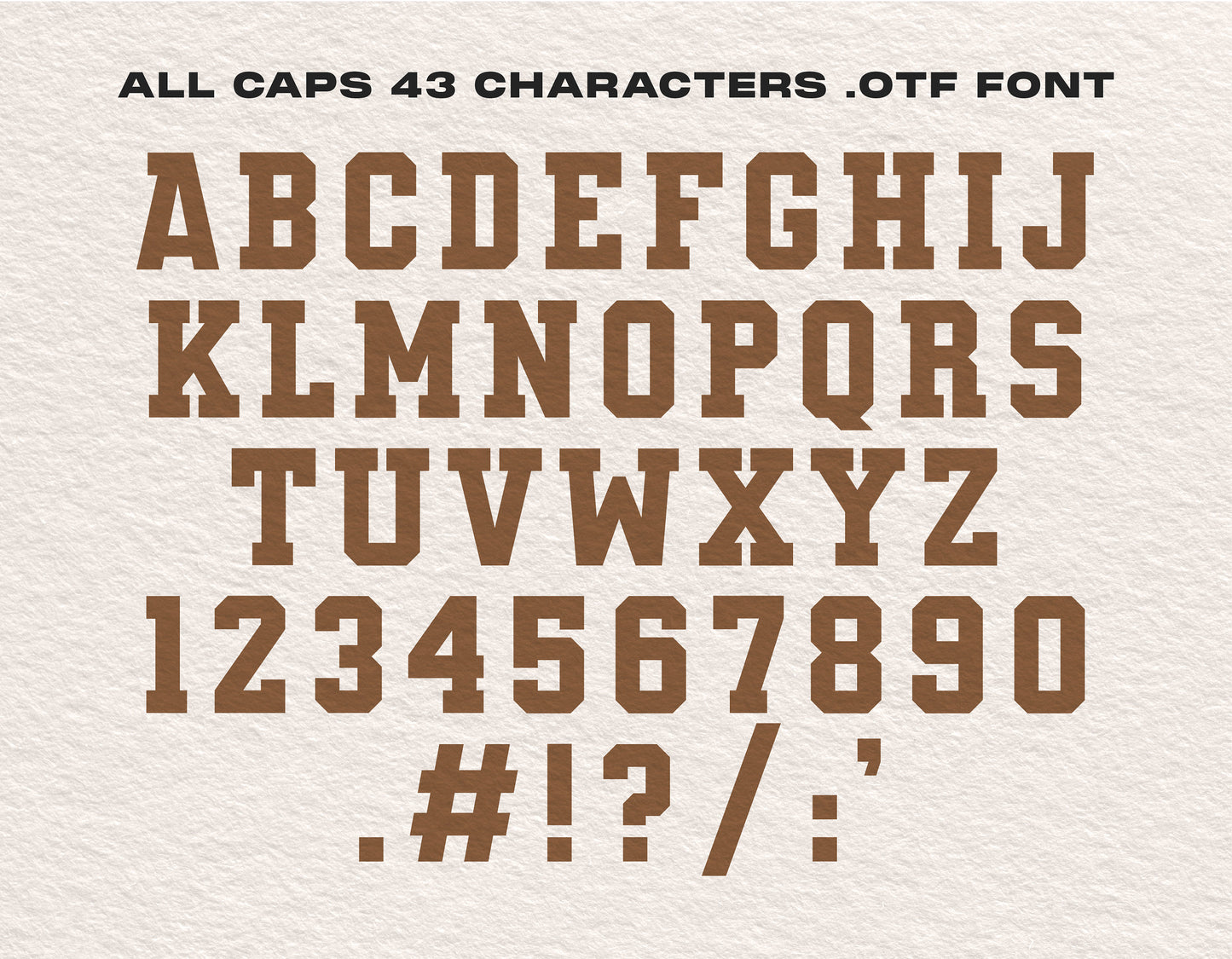 Rivalry Slab OTF font showing all caps letters, numbers, and symbols on textured background, ideal for sports and school themes.