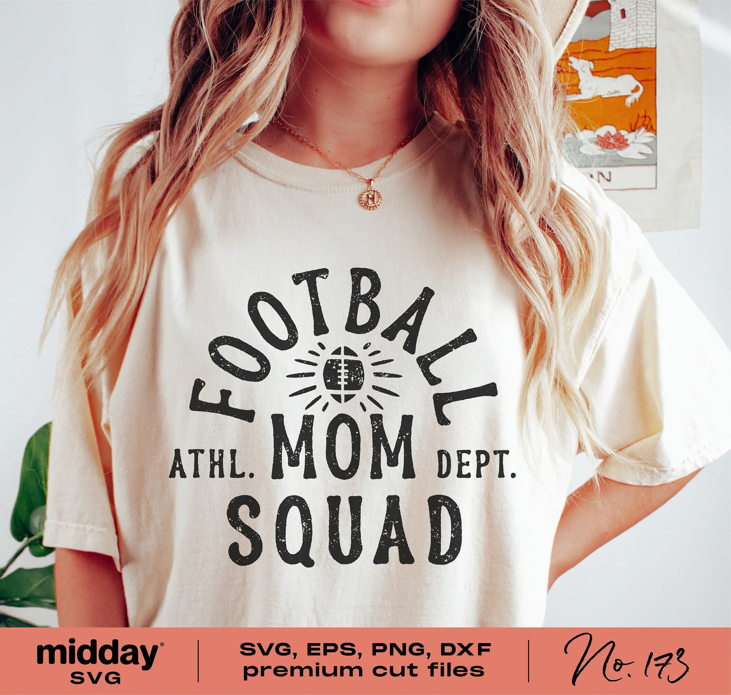 Woman wearing Football Mom Squad shirt, design available in SVG, PNG, DXF, EPS for Cricut and Silhouette projects.
