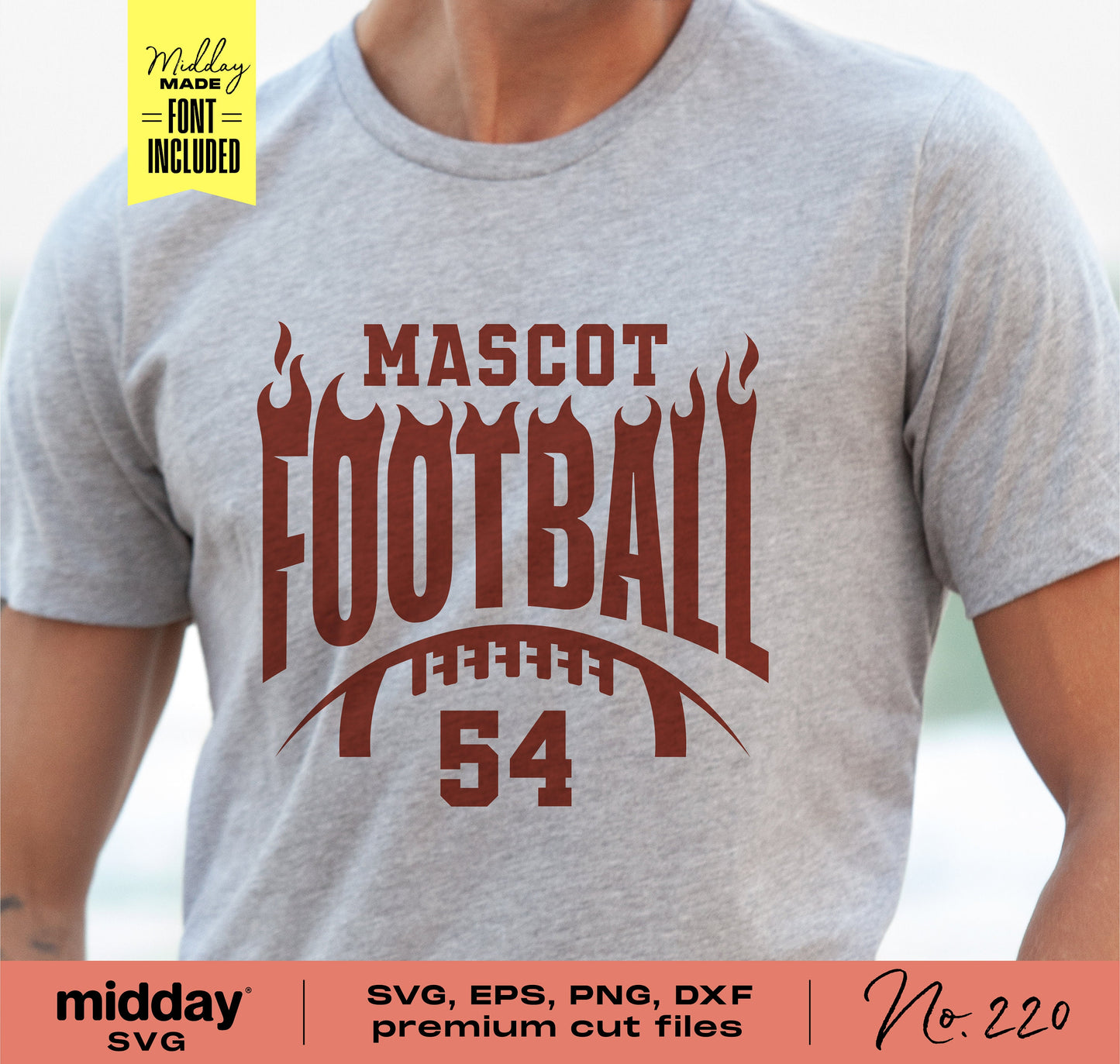 Grey t-shirt featuring a flaming football team logo design with 'Mascot Football 54' in SVG, PNG, DXF formats for DIY Cricut projects.