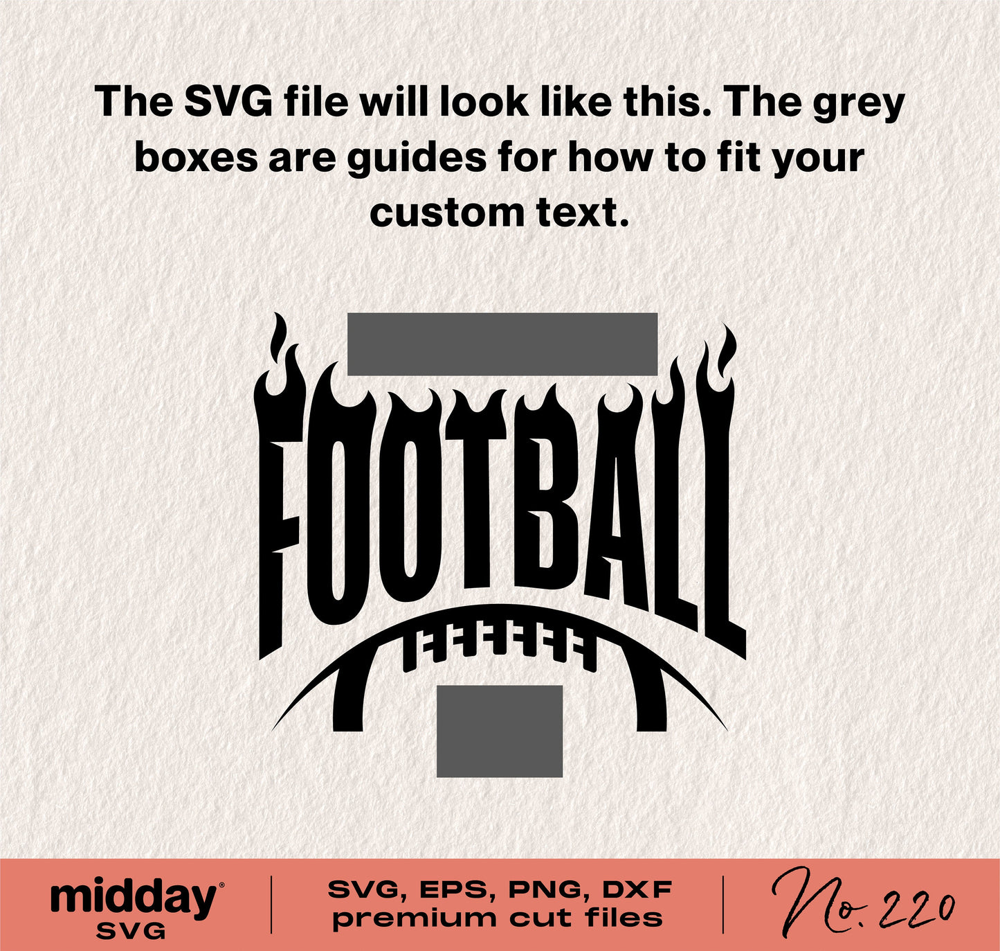 Football SVG template with flaming logo and text placeholders for customization, compatible with Cricut and Silhouette.